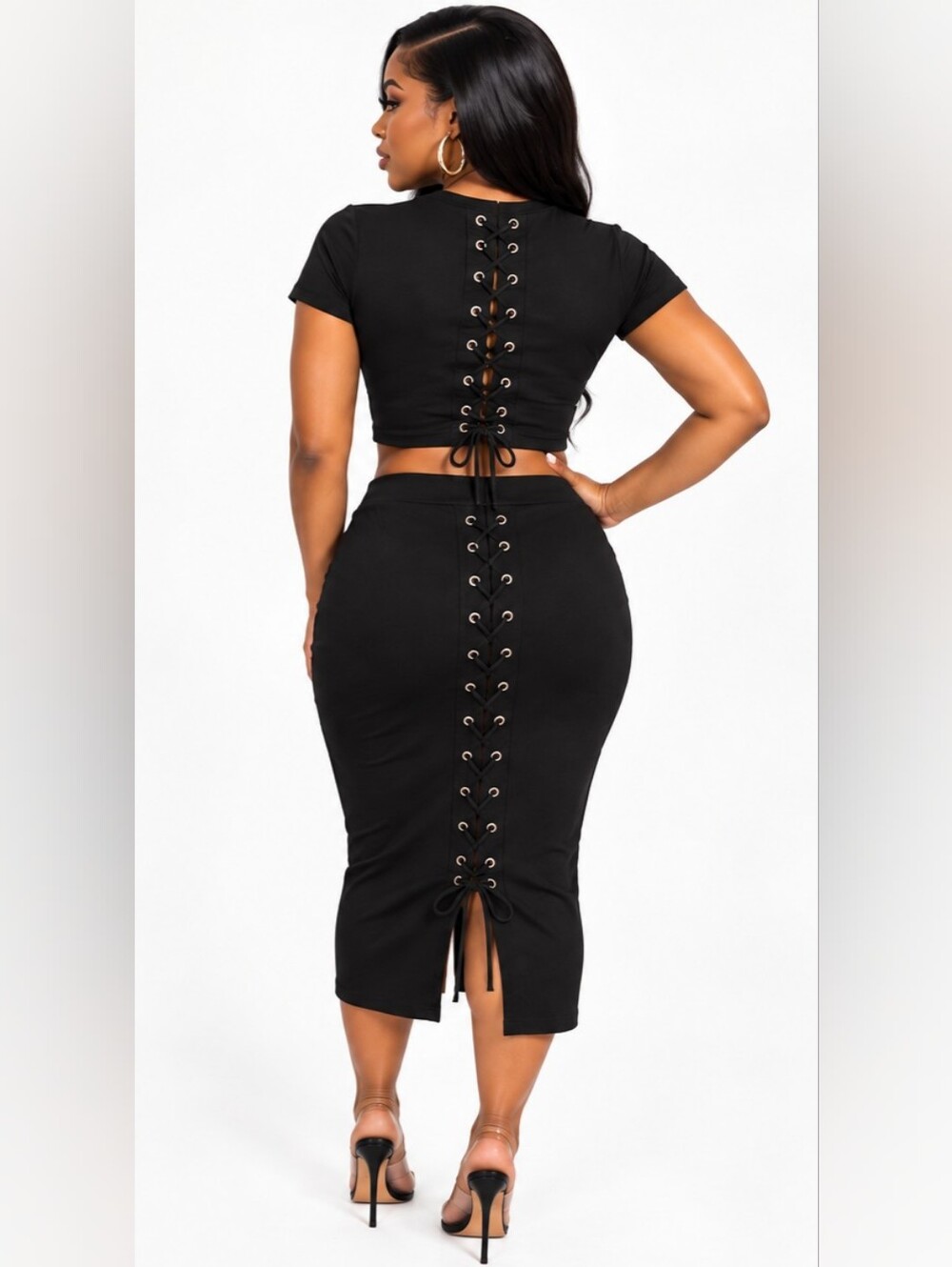 K TOO Black 2 Piece Crop Top Midi Skirt Lace Up Set Size S